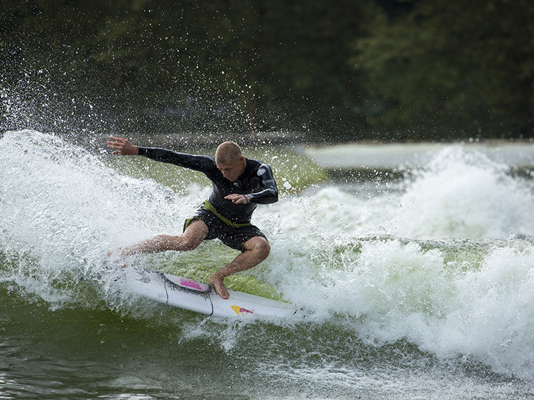 Mick Fanning surfing the Wavegarden test facility in Spain